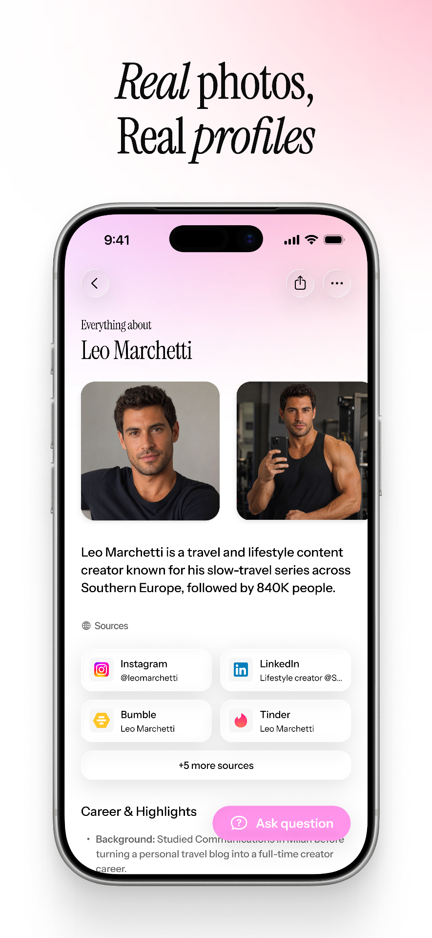 Stalker profile detail with photos, sources from Instagram, LinkedIn, Bumble, Tinder